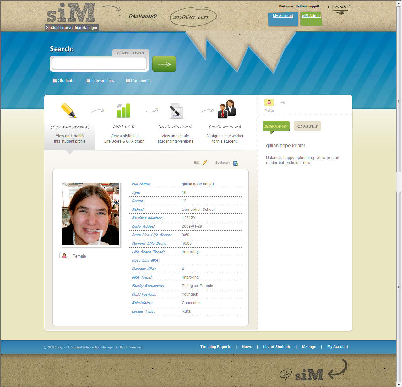 Student Intervention Manager Student Screen
